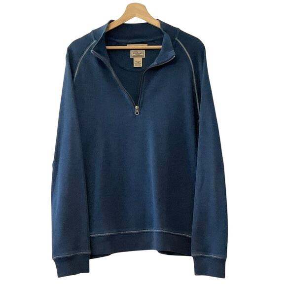 LL Bean Sweater Mens Large Blue Washed Cotton 1/4 Zip Long Sleeve Sweatshirt - Picture 1 of 11